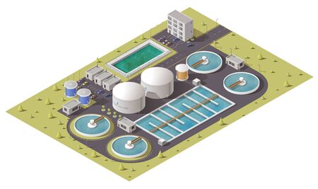 Wastewater or sewage treatment plant, water purification facilities and pumping station equipment isometric design. 3d vector icon of filtration tank, storage and cleaning reservoirs with pipes