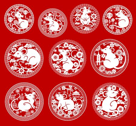 Chinese New Year rat vector icons. Mouse papercut symbols of animal zodiac or horoscope, Asian lanterns, pagodas and blooming plum flowers, coins and clouds with frames of oriental ornamentのイラスト素材