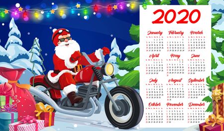 Santa riding motorcycle vector design of New Year calendar template. Santa Claus biker delivering Xmas gifts and presents on motorbike, Christmas tree and red bag with ribbons, bows and lightsのイラスト素材