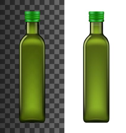 Olive oil glass bottle realistic 3d template mockup. Vector extra virgin olive oil bottle package with metal lid, premium quality Italian, Spanish and Green organic cooking product packagingのイラスト素材