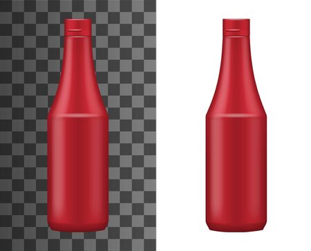 Ketchup bottle realistic packaging template isolated on white and transparent. Vector red plastic container with cap, tomato juice or ketchup sauce. Hot chili spicy sauce icon mockup templateのイラスト素材