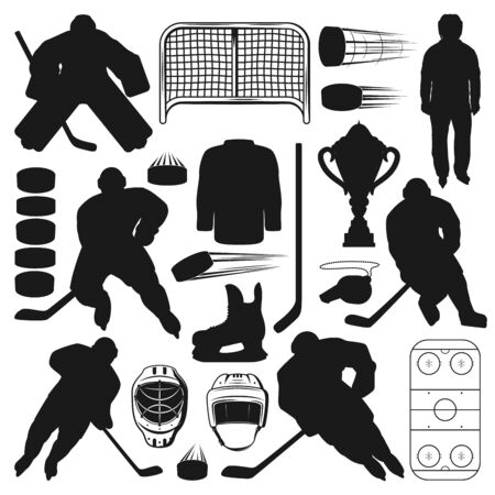 Ice hockey players and sport equipment isolated silhouettes. Vector winter sport game symbols, sticks and pucks, referee and gates. Male on skates, uniform helmets and trophy cup, goalkeeperのイラスト素材