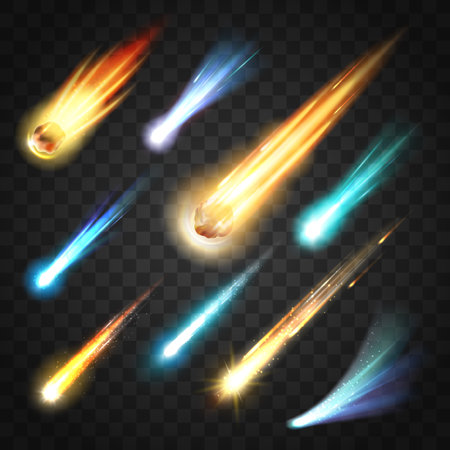 Meteors rain with comets and space bodies on transparent. Vector neon glowing fast moving particles,...