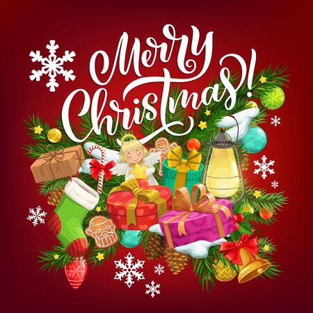 Christmas gifts vector design of Xmas and New Year greeting card design. Pine and holly berry branches with present boxes, snow and stars, bell, ribbons and bows, balls, candy, snowflakes, gingerbreadのイラスト素材