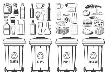 Trash recycling bins icons, plastic, glass or paper and organic wastes PET symbols. Vector recycle bin containers with food wastes and reusable litter, garbage segregation and environment conservationのイラスト素材