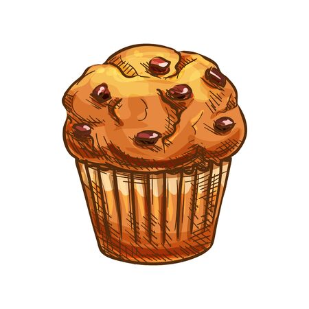 Muffin with raisins vector, bakery product sketch icon. Pastry food and dried grapes isolatedのイラスト素材