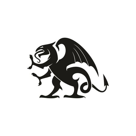 Black dragon isolated heraldic animal silhouette. Vector creature with eagle wings, legs and lion tailのイラスト素材