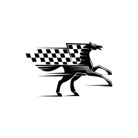 Horse race icon with checkered flag and stallion. Vector running mustang, equestrian sport mascotのイラスト素材