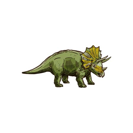 Triceratops isolated green dinosaur with horn. Vector dino sketch, T. horridus with epoccipital fringeのイラスト素材