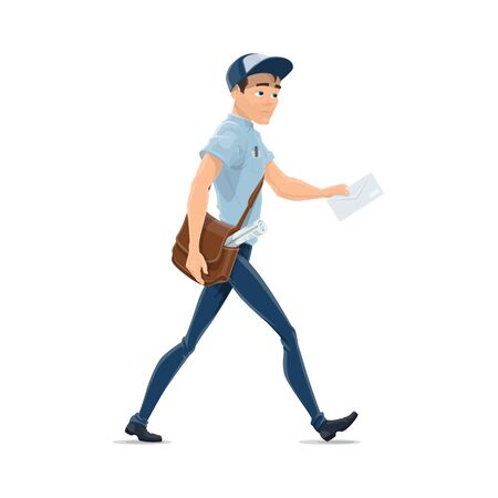 Postman delivering letter vector isolated character. Delivery man with bag and envelope in handのイラスト素材