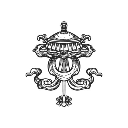 Buddhism religious symbol, chatra umbrella. Buddhist Hinduism Dharma religion, jewelled parasol vector sketchのイラスト素材