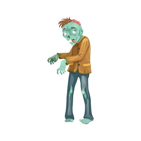 Zombie icon, Halloween character isolated vector. Walking dead, brain and torn clothesのイラスト素材