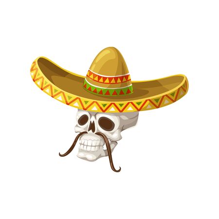 Skull in sombrero hat isolated skeleton head with mustaches. Vector Dia de los Muertos symbolのイラスト素材