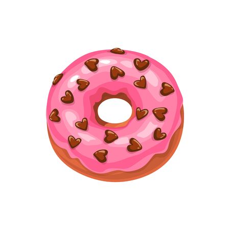 Doughnut with strawberry cream and chocolate hearts isolated cake. Vector donut with sugar glazeのイラスト素材