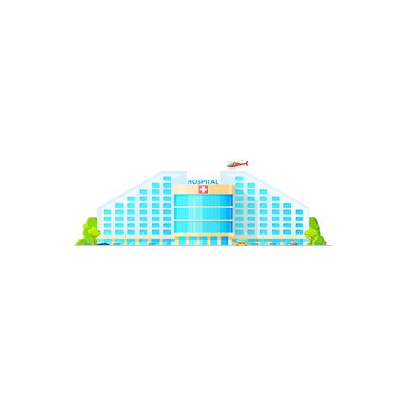 Hospital building on city street isolated. Vector modern clinic with emergency helicopter, parking zoneのイラスト素材