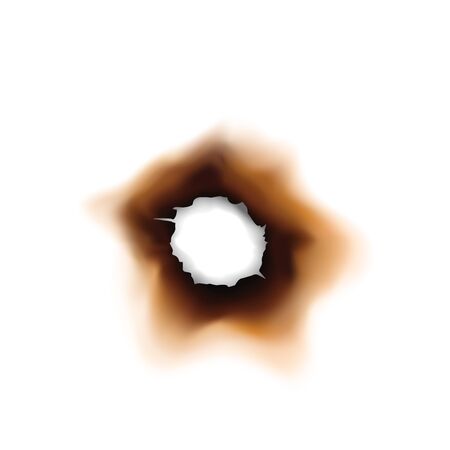 Paper sheet damaged by fire isolated burnt hole. Burnt hole in sheet of paper isolated damaged by fire surface. Vector torn page with brown ashのイラスト素材