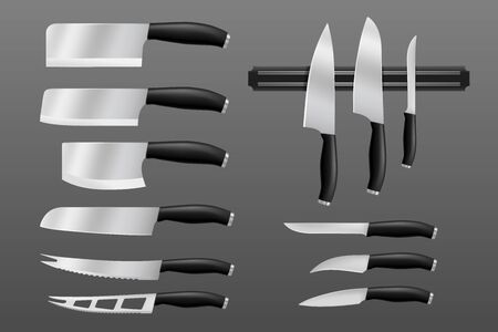 Kitchen knife and cooking cutlery types, vector realistic kitchenware. Meat cutting hatchet, cleaver, bread knife and barbecue knives of stainless steel with black handle on magnet holderのイラスト素材