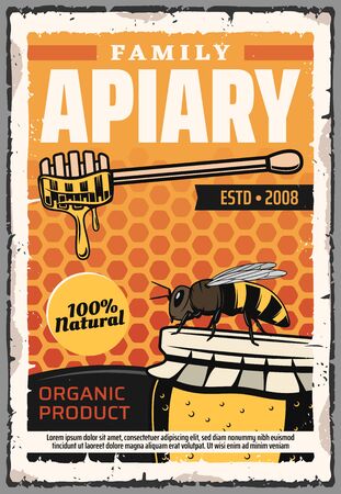 Natural honey production, beekeeping and family beekeeper apiary. Vector apiculture food retro poster, bees, dipping wooden spoon and honey in glass on honeycomb backgroundのイラスト素材