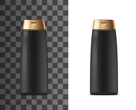 Cosmetic container package, shampoo or shower gel and body lotion black plastic bottle with golden clip cap. Vector isolated 3d realistic mockup template, man skincare facial cleanser, cream bottleのイラスト素材