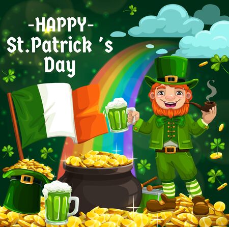 Irish leprechaun with Patrick Day green ale beer and shamrock. Vector hat with gold, cauldron of treasure golden coins on rainbow and smoking pipe, flag of Ireland and drum cartoon objectsのイラスト素材