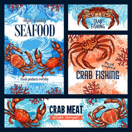 Seafood, crab fishing and meat of crustacean animal. Vector sketch posters of underwater crab with claws, sea bottom with corals and seaweedsのイラスト素材