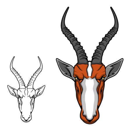 Impala antelope or gazelle animal head, african safari, hunting sport and hunter club mascot design. Savannah mammal head isolated icon with ridged twisted horns, brown muzzle and white snoutのイラスト素材