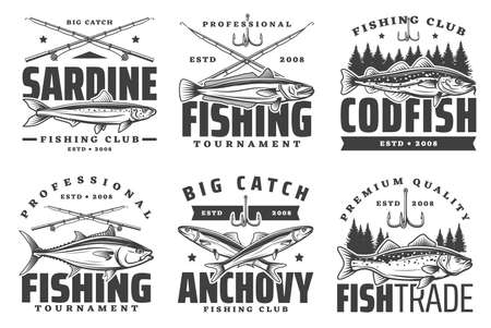 Fishing sport icons, sardine and anchovy, codfish icons. Fishery equipment, fishing rods and baits. Big catch, trophies on fishing sportのイラスト素材