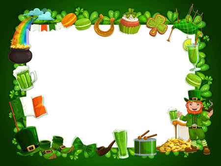 Patricks day shamrock frame, traditional Irish holiday feast. Vector empty frame with Ireland Patrick Day symbols, shamrock clover leaf, green ale pint, leprechaun gold coins and rainbowのイラスト素材