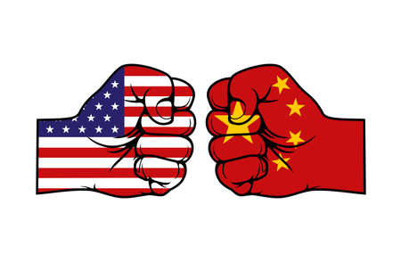 China and USA trade war, business and economics conflict. Vector chinese and american flags on clenched fists, hands in national colors of Peoples Republic of China and United Statesのイラスト素材