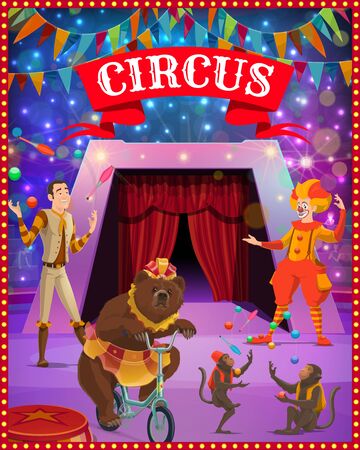 Circus show clown, juggler and trained animals. Vector cirque or carnival tent arena with performers, acrobat, bear and monkey with lights and festive bunting garland or flagsのイラスト素材