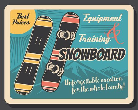 Snowboard equipment retro poster of winter sport skier gear. Snowboards with snow mountain on background vector design of snowboarding sport club and snowboarder sporting accessoriesのイラスト素材