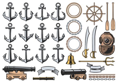 Nautical icons with vector sea ship anchors, ropes and chainsのイラスト素材