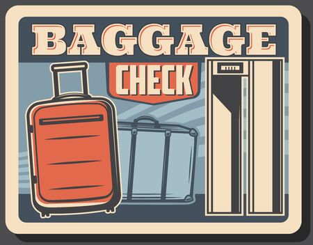 Baggage or luggage check vector design of airport security checkpoint conveyor belt with bags, suitcases and metal detector frame. Air travel, departure and arrival terminal, passenger inspectionのイラスト素材