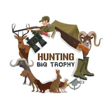 Hunting sport trophy icon with vector hunter guns, equipment and animals. Hunting dog, rifle and deer, weapon, huntsman and bull, tourist tent, binoculars and trap, quail, hare, marten and cartridgeのイラスト素材
