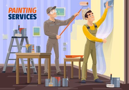 Painting and wallpapering service vector design of interior design and home renovation. House painter painting wall and decorator applying wallpaper with paint roller, smoothing scraper, glue, brushのイラスト素材