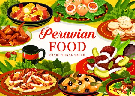 Peruvian food vector frame of meat and vegetable stews, fish avocado ceviche, chicken and chilli salad, alfajor cookies, seafood croquettes and oxtail soup with spice herbs. Restaurant menu designのイラスト素材