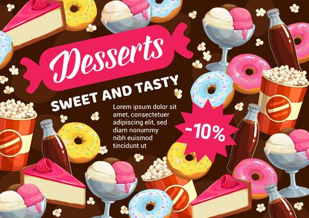 Sweet desserts, donuts, cakes, pastry and patisserie vector poster. Discount for cakes and chocolate cupcakes with berry toppings, tiramisu and cheesecake, ice cream, popcorn and soda drinkのイラスト素材