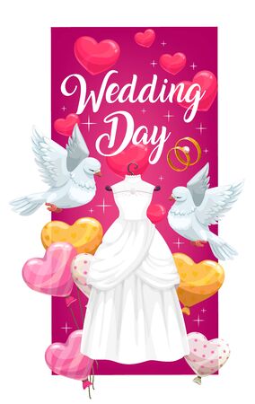 Wedding ceremony bridal dress vector invitation with engagement rings of bride and groom. Wedding gown, red hearts, balloons and white dove birds invite card, decorated with sparklesのイラスト素材