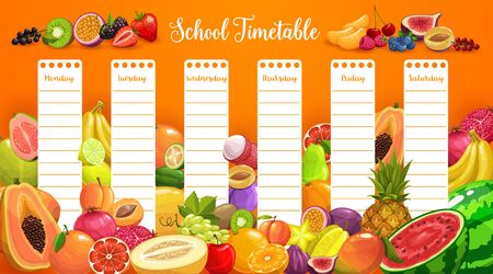 School timetable lessons weekly planner with tropical fruits and berries. School schedule timetable , vector template with plum, mango and papaya, watermelon, lychee and melon, grape, berries and figsのイラスト素材