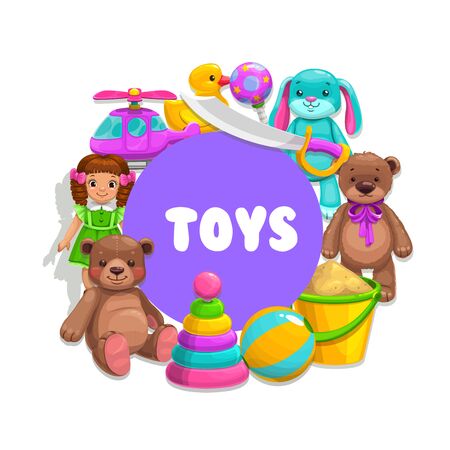 Boy and girl kids toys, vector poster. Children toys plush bear, doll and helicopter, bath duck, bunny rabbit and baby rattle, ball and pyramid, plastic sword and sand bucketのイラスト素材