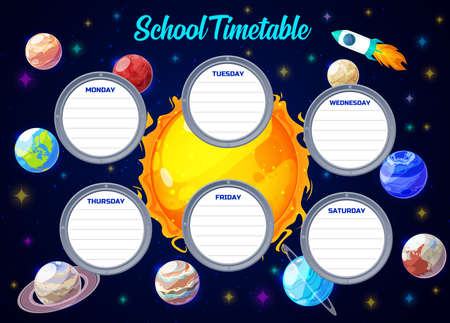 School timetable, galaxy universe vector template. School schedule weekly planner and time table frames with solar system planets, spaceship rockets and stars in outer spaceのイラスト素材