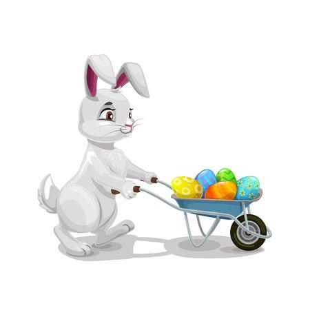 Bunny or rabbit carrying Easter egg hunt wheelbarrow, religion holiday egghunting party. Vector hare animal with cart full of colorful painted eggs, kids competitive game of Easter holiday celebrationのイラスト素材