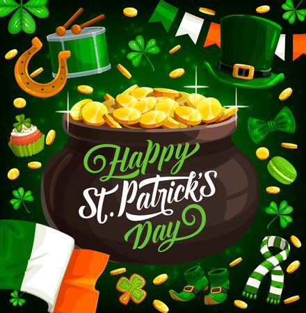 St Patricks Day pot with gold, Irish religion holiday vector design. Green leaves of clover or shamrock, leprechaun treasure cauldron, horseshoe and lucky coins, Ireland flag and St Patricks Day drumのイラスト素材
