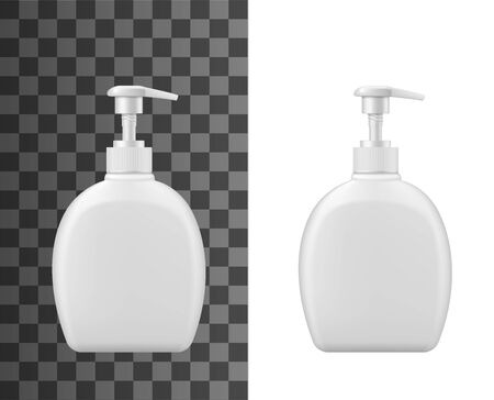 Liquid soap plastic bottle dispenser with pump. Vector isolated realistic 3D mockup template of white plastic bottle container for liquid soap, shampoo or cosmetic moisturizer creamのイラスト素材