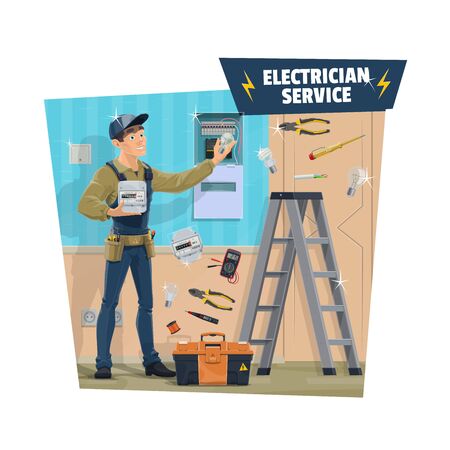 Electrician worker with work tools and power equipment. Electrical engineer or technician man replacing light bulb and electricity meter with cable, voltage tester and screwdriver, toolboxのイラスト素材