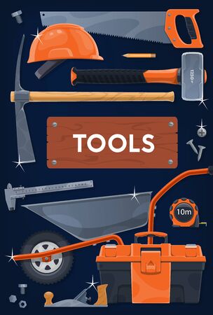 Construction and repair tools vector design. DIY, carpentry and building industry work tools. Toolbox with hammer, saw and hard hat or helmet, screws, tape measure, wheelbarrow and pickaxeのイラスト素材