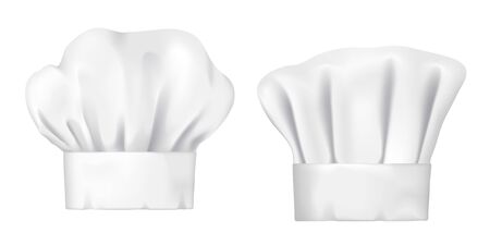 Chef hats, realistic 3d cook cap and baker toque. White chef hats vector design of bakery, pastry and restaurant uniform headwear, professional clothing of kitchen staffのイラスト素材