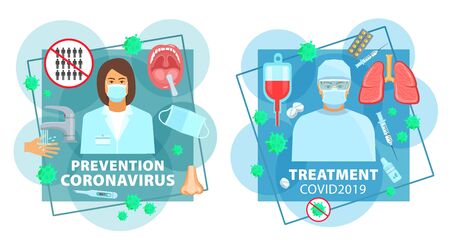 Coronavirus prevention and treatment medicine, hand wash and medical test, vector. Coronavirus COVID 19 pandemic and epidemic antiviral treatment, doctor in masks, blood transfusion and medical helpのイラスト素材