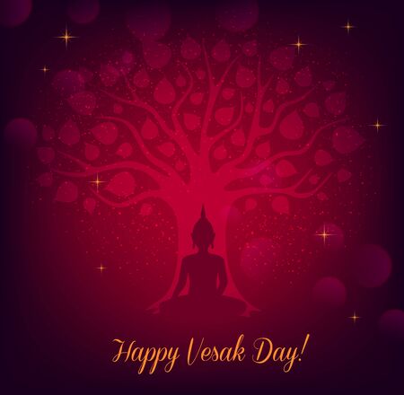 Buddha and bodhi tree, Vesak Day vector greeting card. Buddhism religion and Thai buddhist monk statue of meditating Buddha under holy bodhi tree with golden leaves and sparklesのイラスト素材