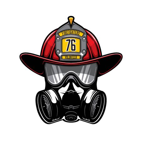 Firefighter protective helmet and gas respirator isolated vector heraldic icon. Firefighting equipment, mask with glasses and air filters. Defense and protection against poisoning by fumes and smokeのイラスト素材